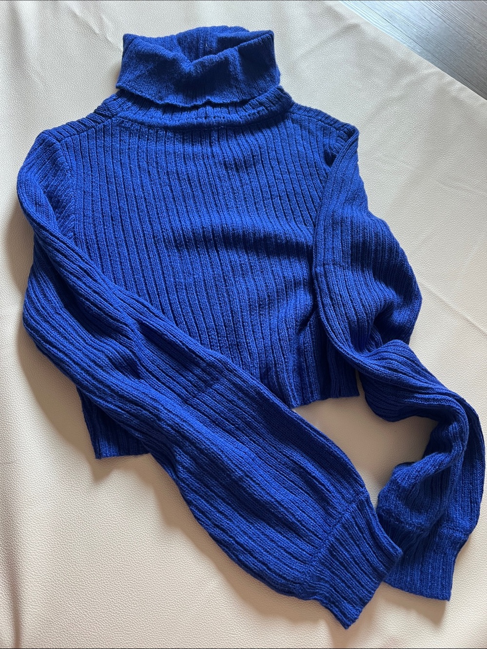 Blue Ribbed Turtleneck Crop Sweater